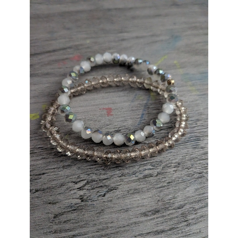 Set of 2 Beaded Stretch Bracelets Iridescent White and Smoky Brown Crystal